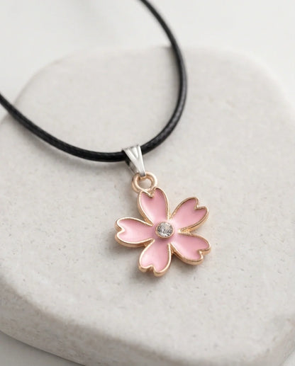 Pink Cherry Blossom Enamel Pendant Necklace with Crystal Accent
