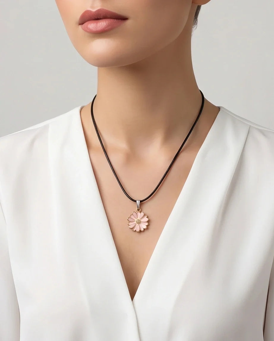 Blush Pink Enamel Sunflower Pendant Necklace