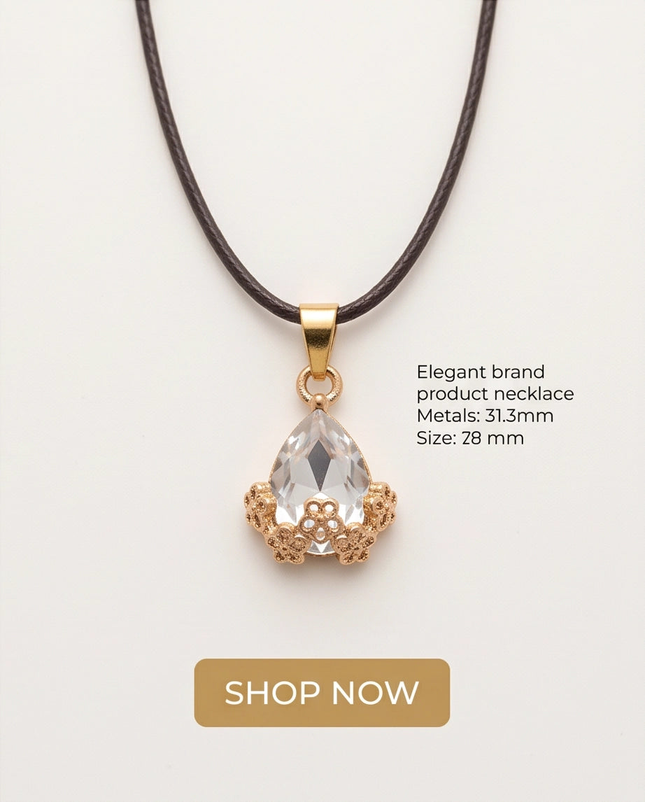 Gold Clear Teardrop Floral Basket Pendant Necklace