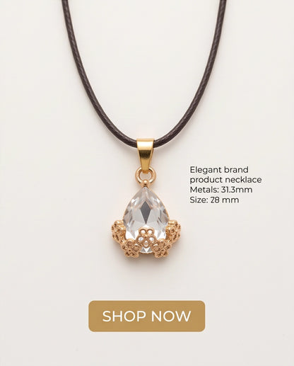 Gold Clear Teardrop Floral Basket Pendant Necklace