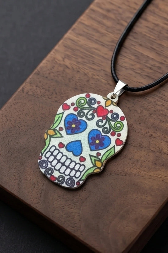 Vibrant White Sugar Skull Día de los Muertos Pendant Necklace