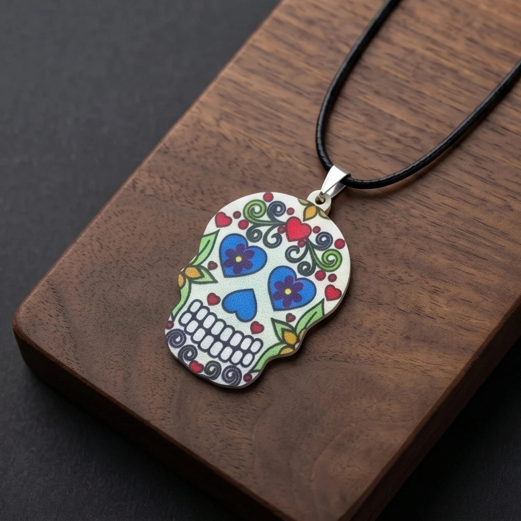 Vibrant White Sugar Skull Día de los Muertos Pendant Necklace