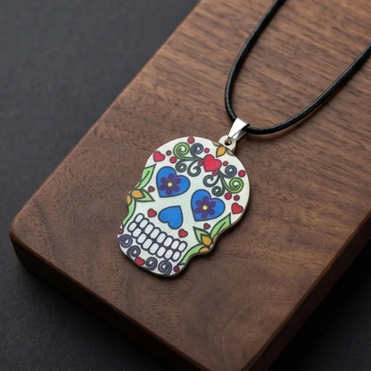 Vibrant White Sugar Skull Día de los Muertos Pendant Necklace