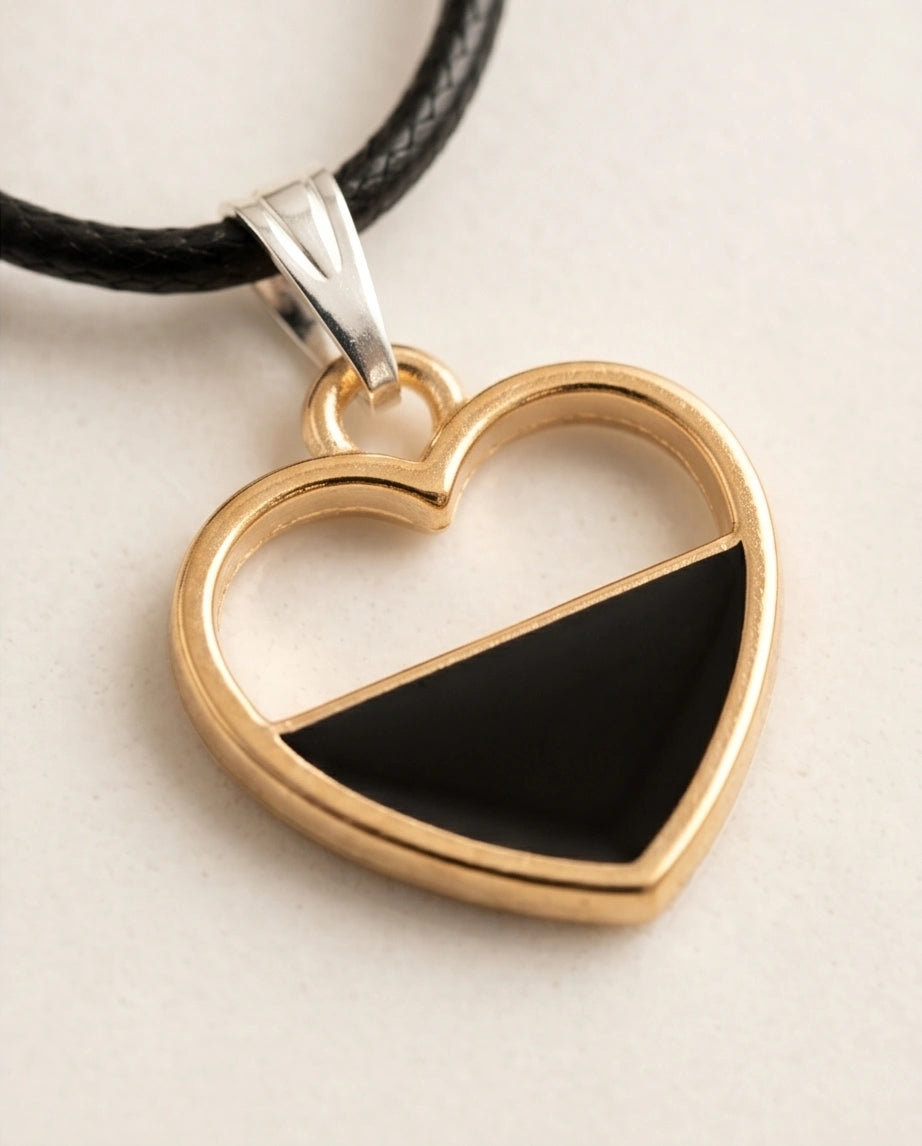 Gold Half-Black Enamel Heart Necklace