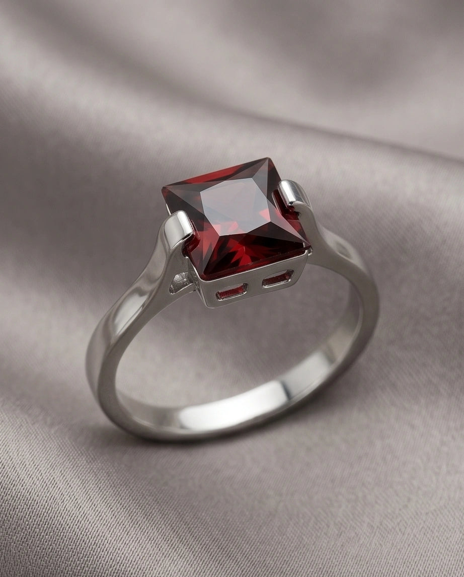 Sterling Silver Princess-Cut Deep Crimson Ruby Ring