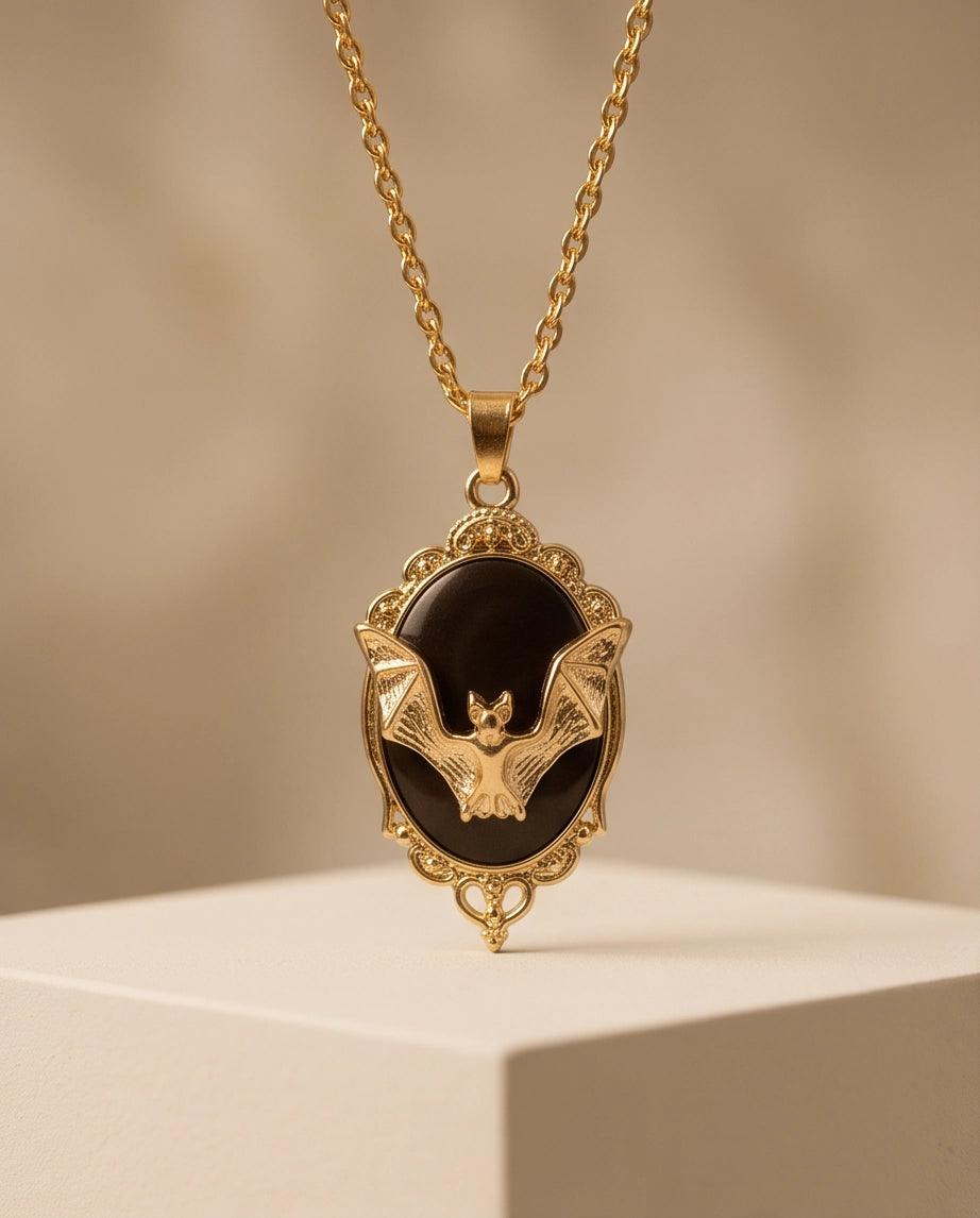 Gold Gothic Bat Black Enamel Medallion Chain Necklace