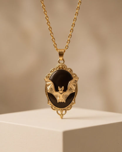 Gold Gothic Bat Black Enamel Medallion Chain Necklace