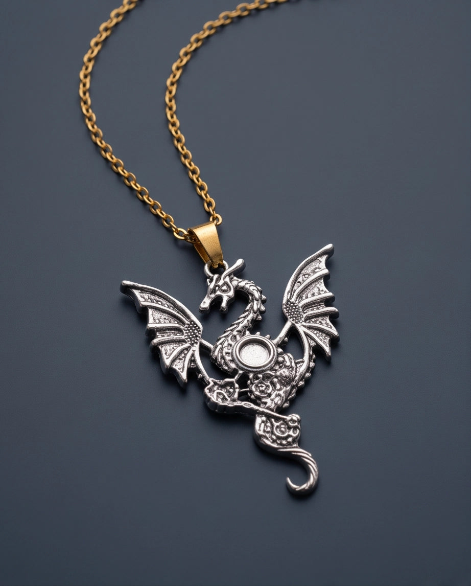 Silver Steampunk Dragon Gear Pendant Necklace