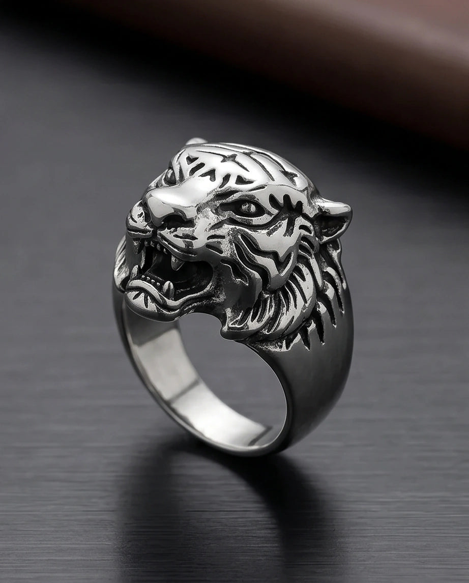 Vintage Silver Oxidized Roaring Tiger Head Statement Ring