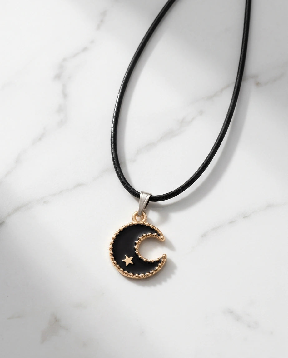 Gold Beaded Crescent Moon and Star Necklace