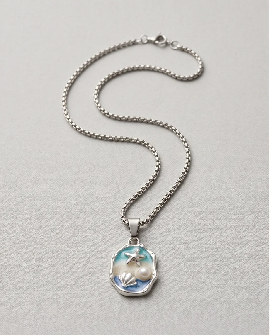 Silver Blue Seashell Starfish Pearl Enamel Medallion Chain Necklace