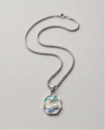 Silver Blue Seashell Starfish Pearl Enamel Medallion Chain Necklace