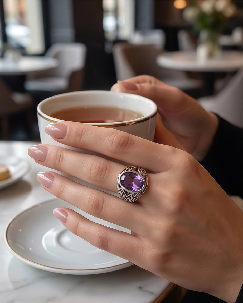 Amethyst Gemstone Celtic Knotwork Silver Ring