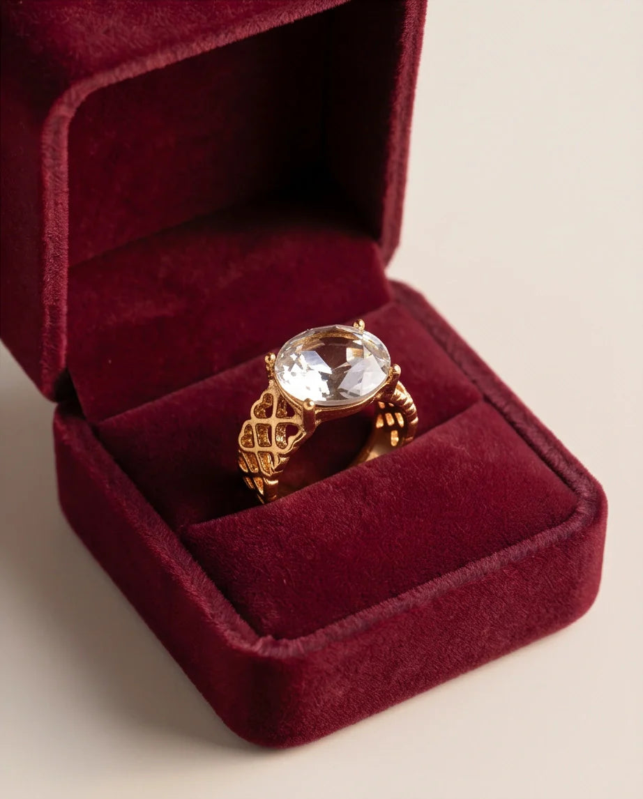 Gold Plated Clear Crystal Filigree Heart Ring
