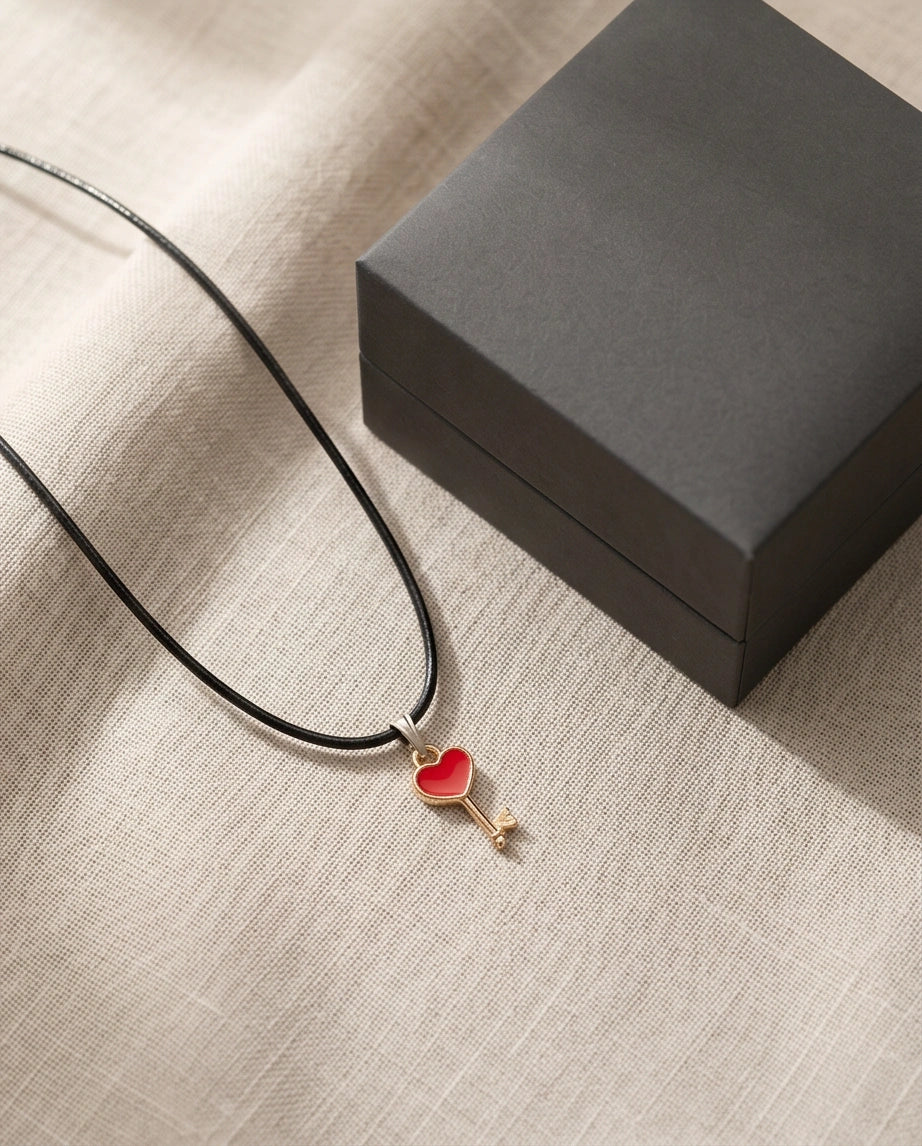 Gold and Red Heart Key Necklace