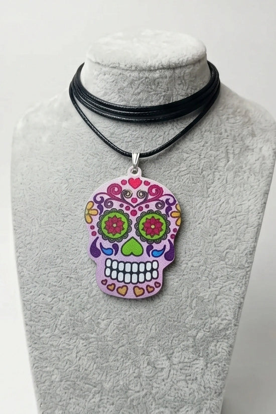 Vibrant Pastel Pink Sugar Skull Día de los Muertos Pendant Necklace