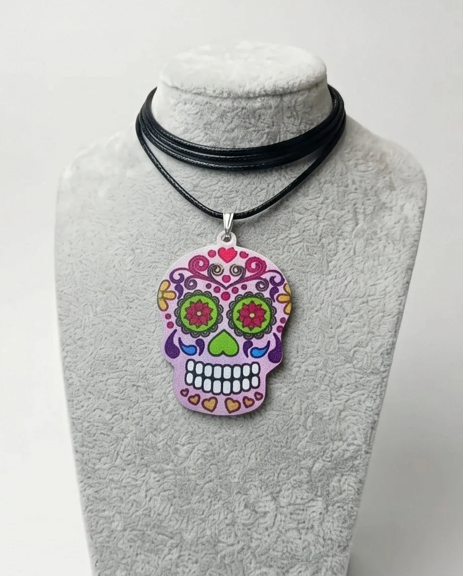 Vibrant Pastel Pink Sugar Skull Día de los Muertos Pendant Necklace