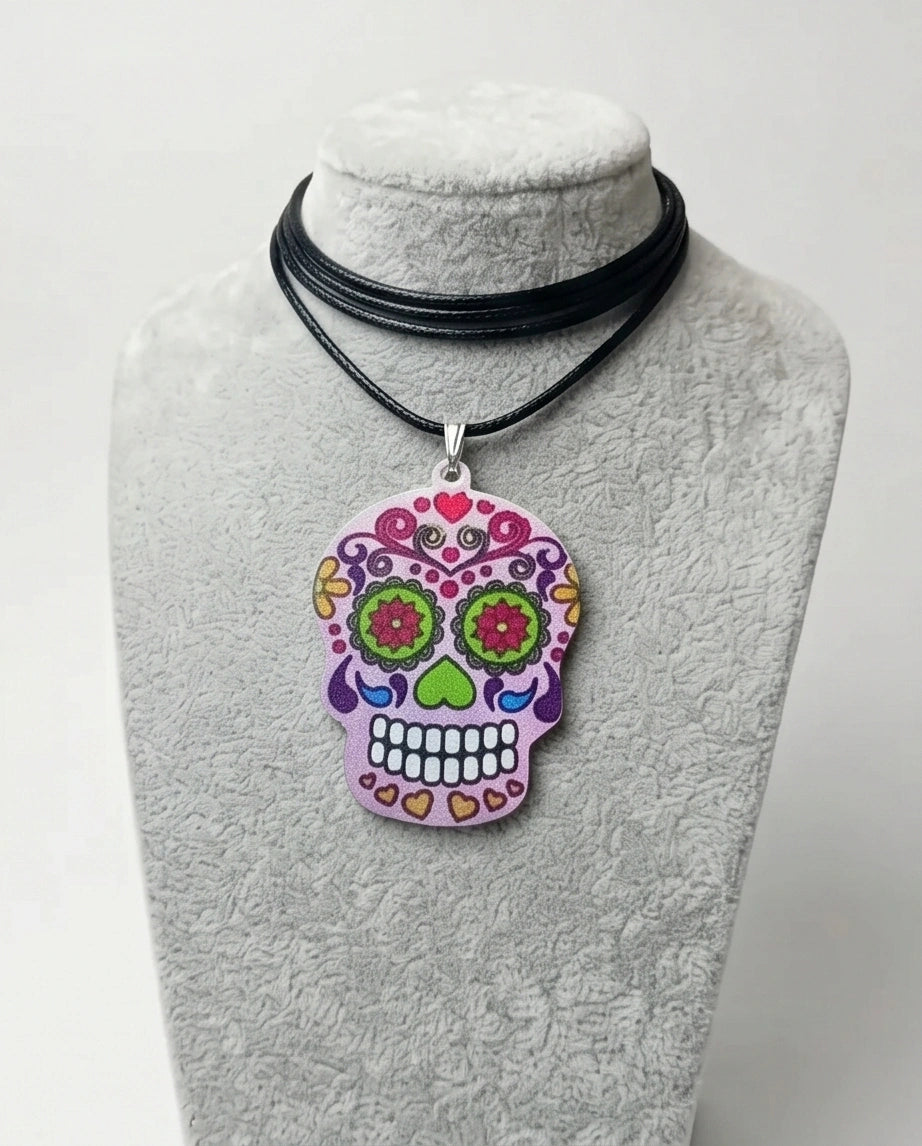 Vibrant Pastel Pink Sugar Skull Día de los Muertos Pendant Necklace