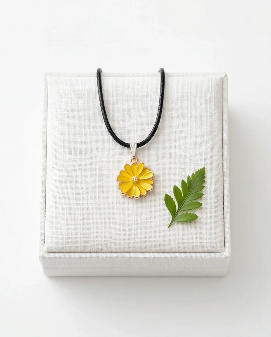 Vibrant Yellow Sunflower Enamel Pendant Necklace with Crystal Accent
