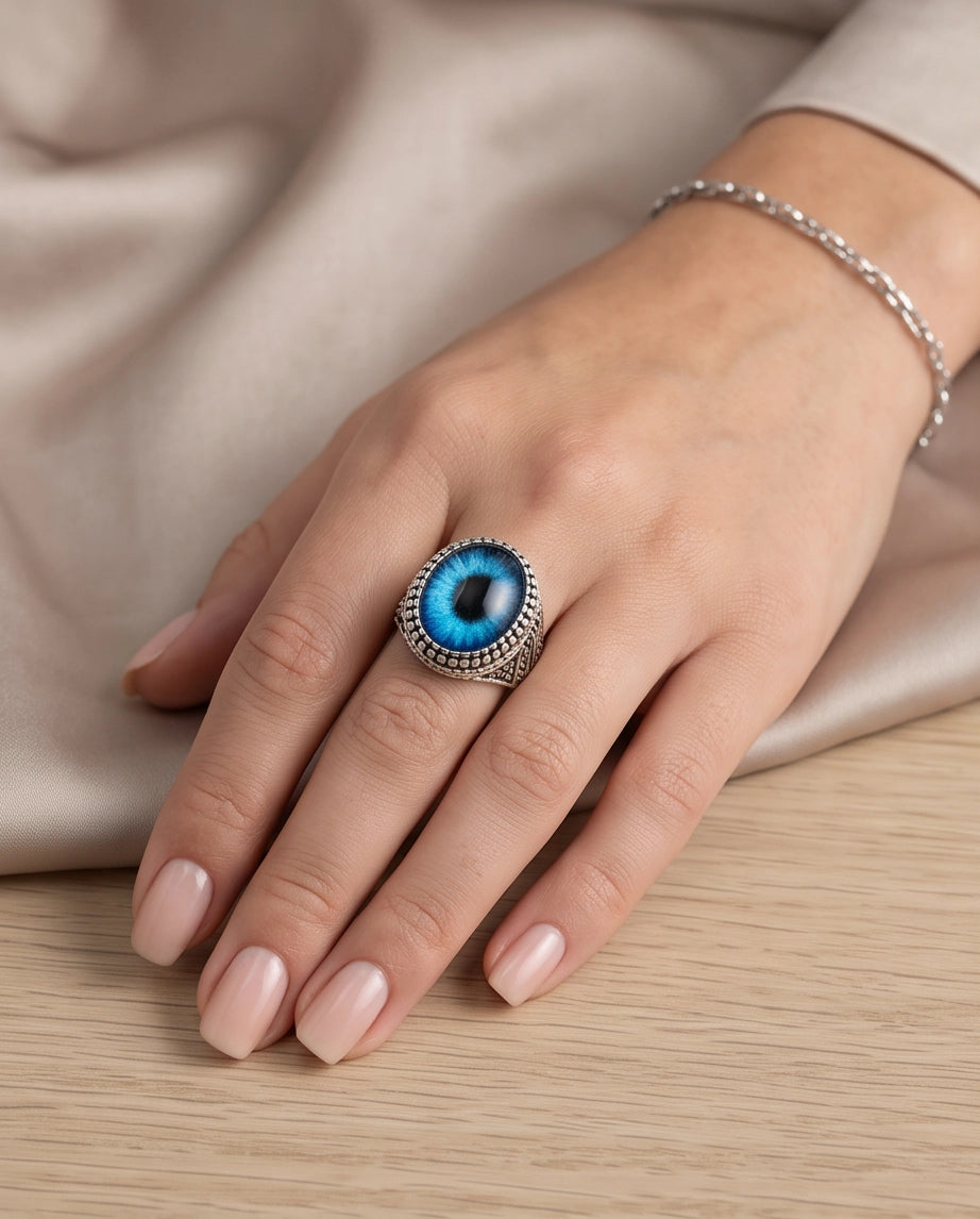 Azure Scale Beaded Slit-Pupil Silver Ring