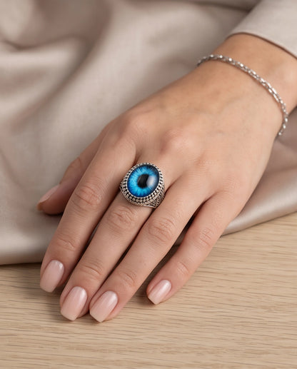 Azure Scale Beaded Slit-Pupil Silver Ring