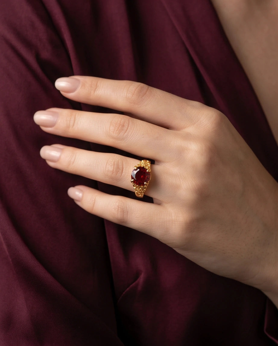 Golden Crimson Botanical Blossom Ring