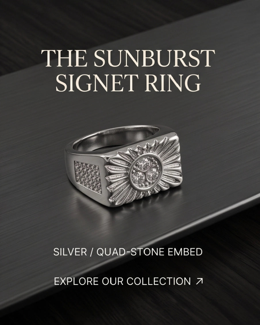 Celestial Sunburst Triple-Crystal Stippled Band Silver Ring