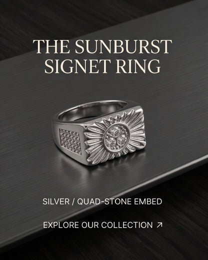 Celestial Sunburst Triple-Crystal Stippled Band Silver Ring