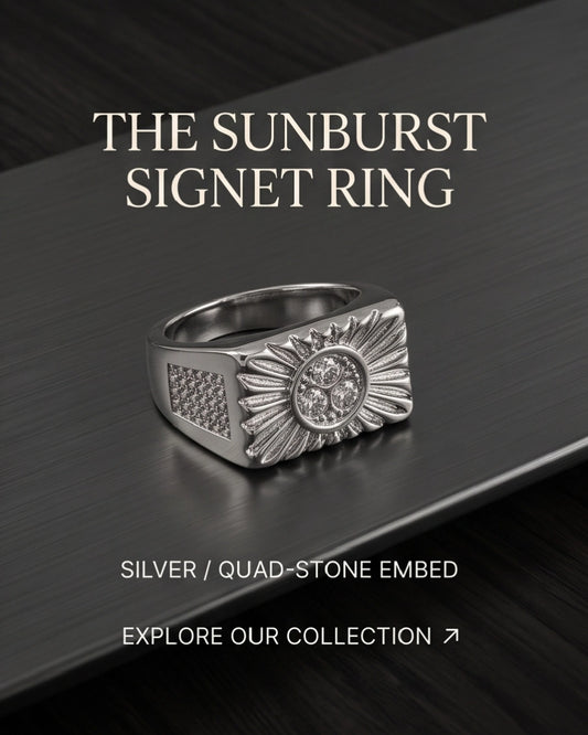 Celestial Sunburst Triple-Crystal Stippled Band Silver Ring
