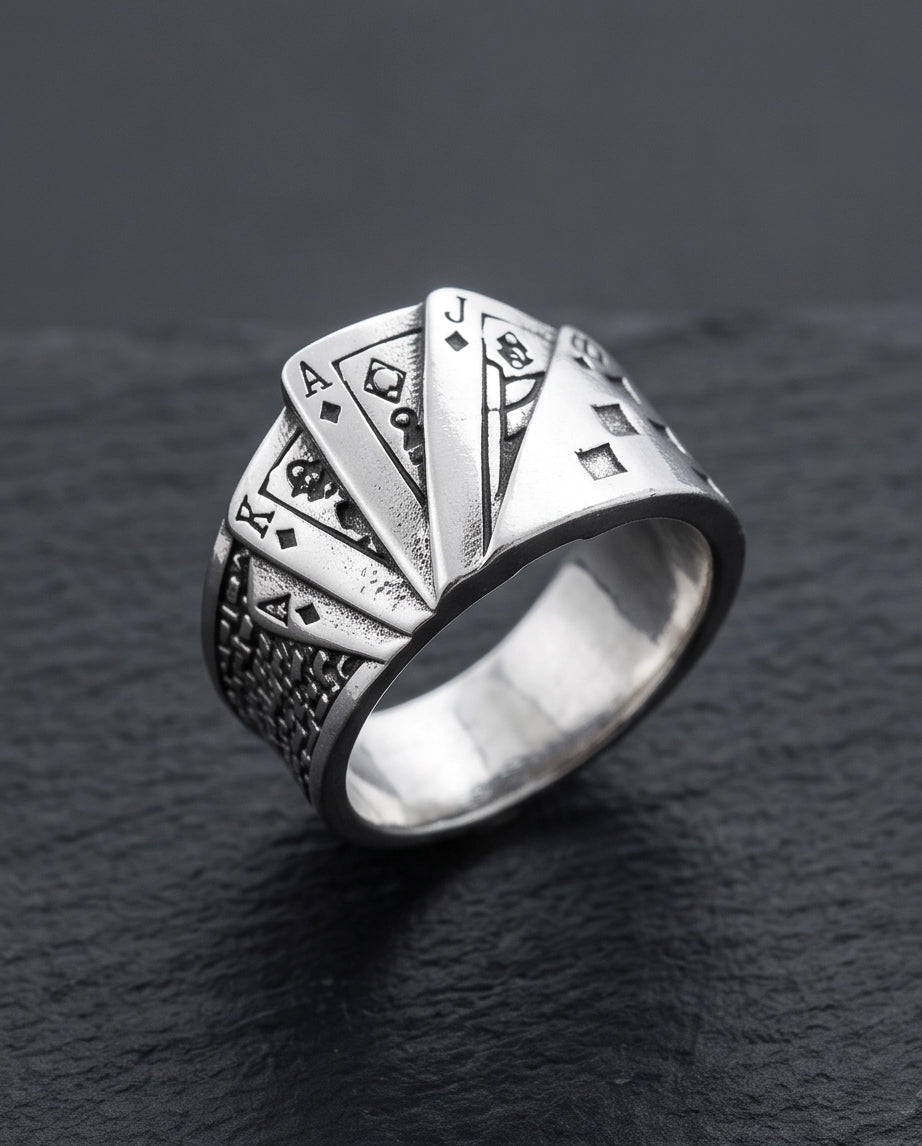 Royal Flush Playing Cards Band Silver Ring