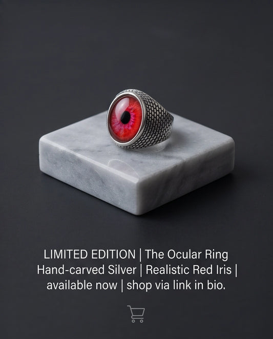 Crimson Evil Eye Cabochon Scale-Band Silver Ring