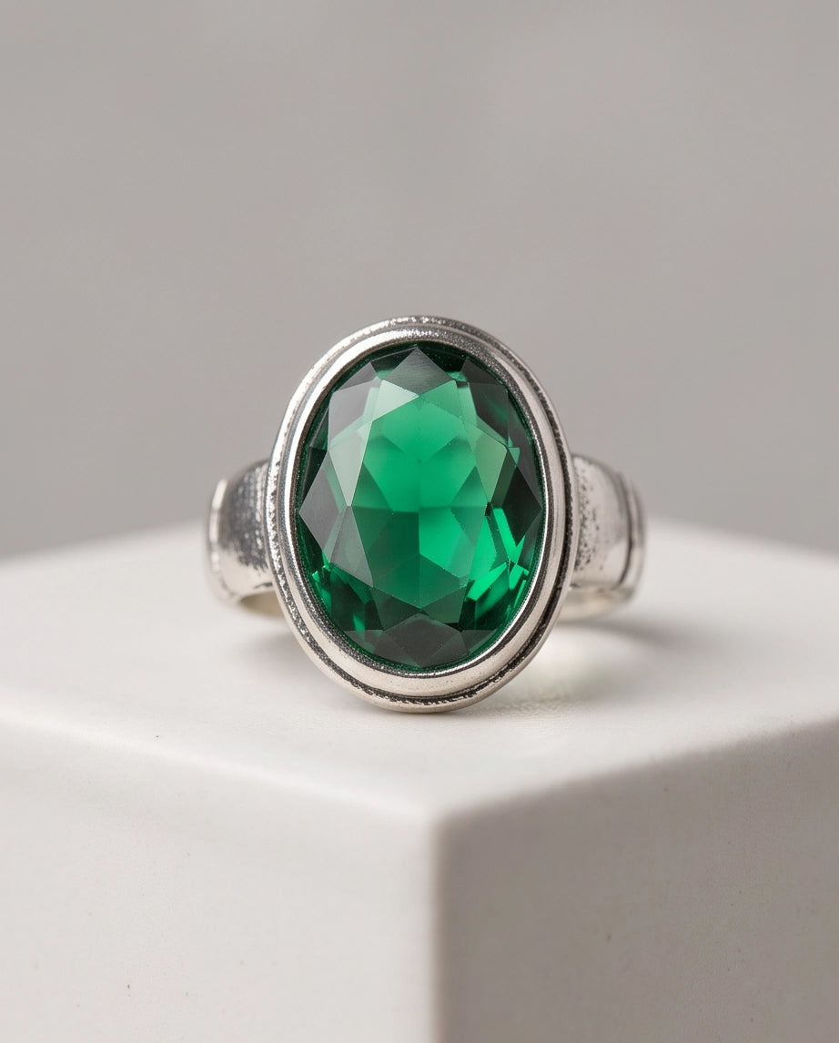 Emerald Gemstone Double Oval Bezel Minimalist Silver Ring