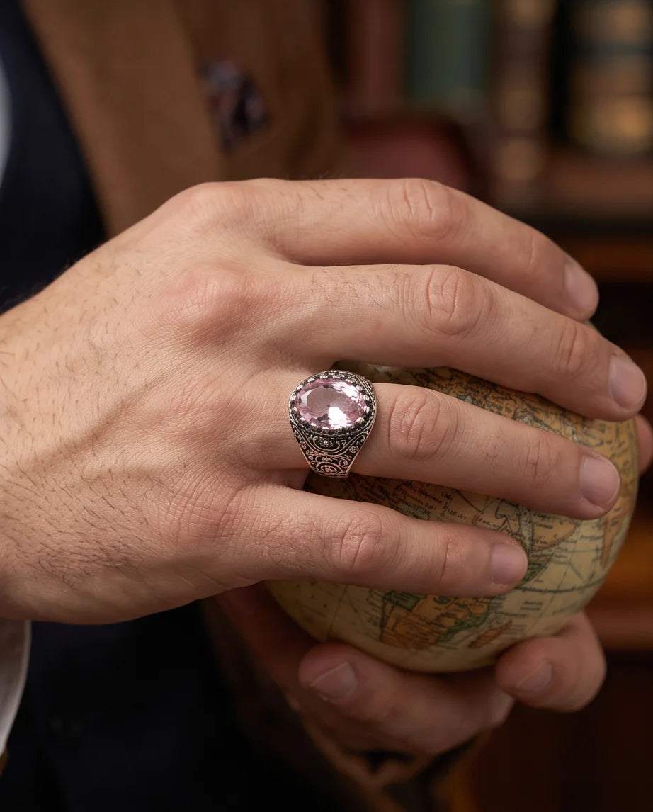 Morganite Gemstone Notched Bezel Scrollwork Silver Ring