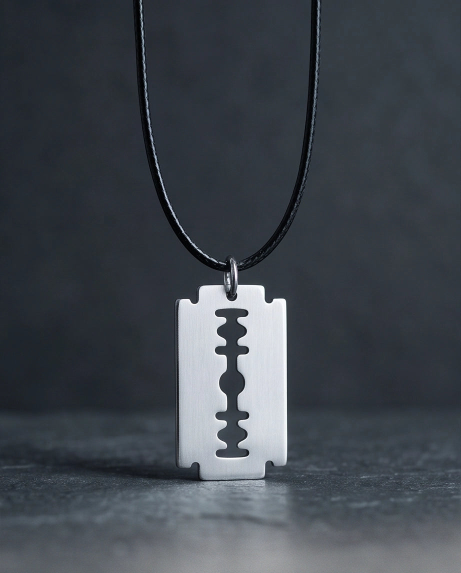 Brushed Silver Razor Blade Cord Necklace
