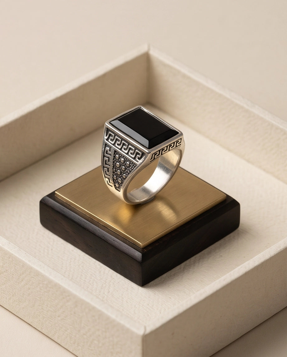 Onyx Gemstone Rectangular Flat-Top Greek Key Silver Ring