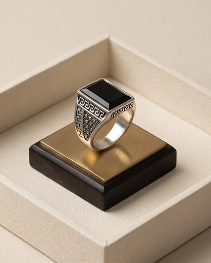 Onyx Gemstone Rectangular Flat-Top Greek Key Silver Ring