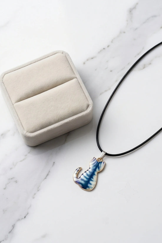 Artistic Blue Watercolor Feline Silhouette Pendant Necklace