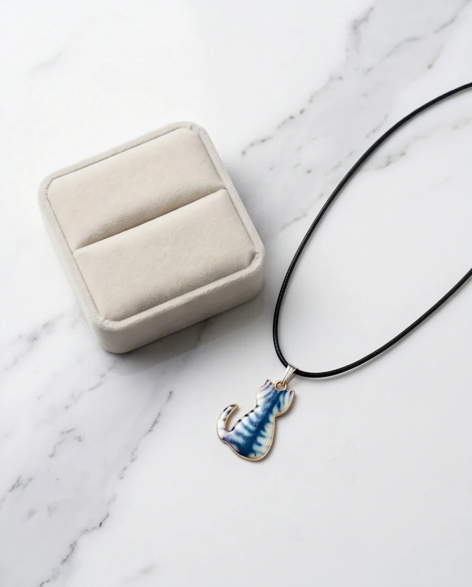 Artistic Blue Watercolor Feline Silhouette Pendant Necklace
