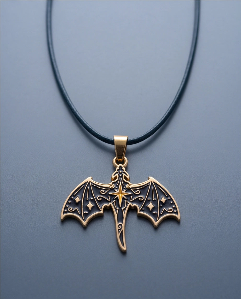 Gold Celestial Bat Enamel Pendant Necklace