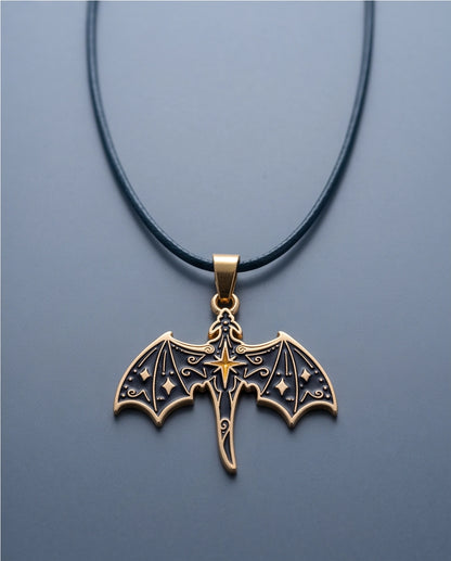 Gold Celestial Bat Enamel Pendant Necklace