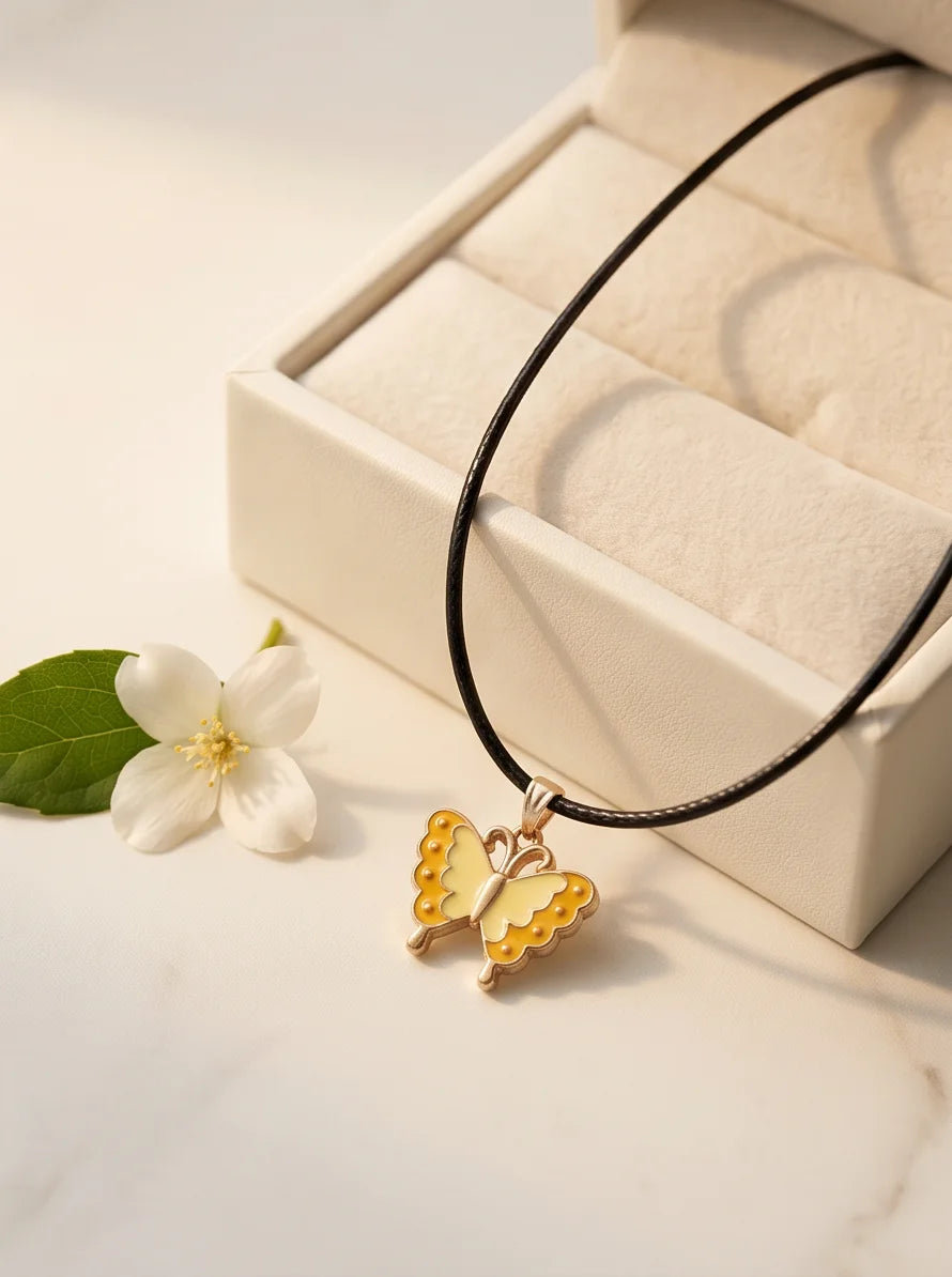 Yellow Enamel Butterfly Pendant Necklace