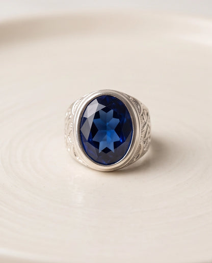 Cobalt Blue Oval-Cut Gemstone Filigree Silver Ring