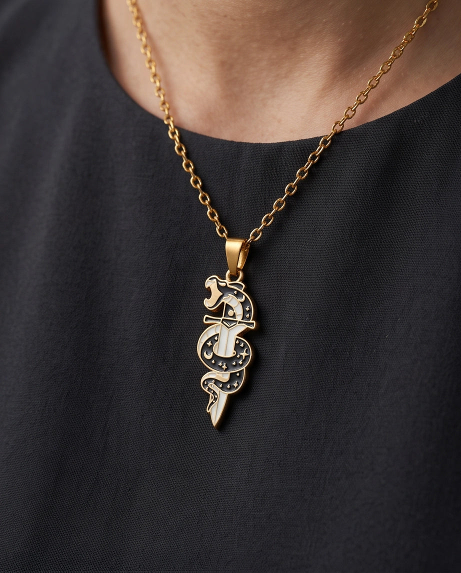 Gold Snake & Dagger Celestial Enamel Pendant Necklace