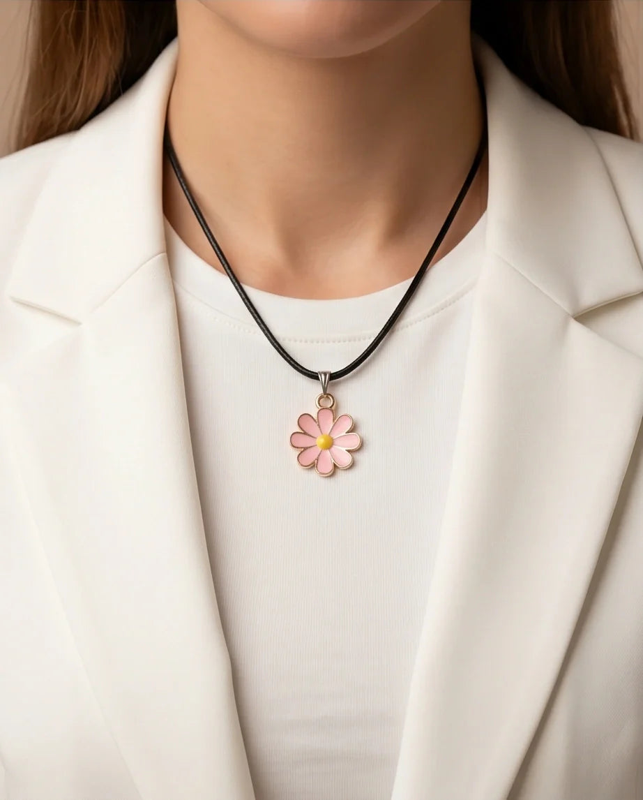 Light Pink Daisy Enamel Pendant Necklace