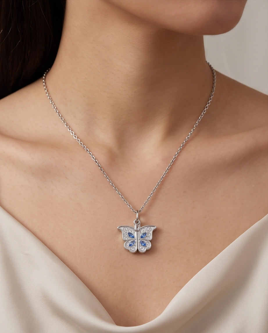 Silver Butterfly Secret Heart Pendant Necklace