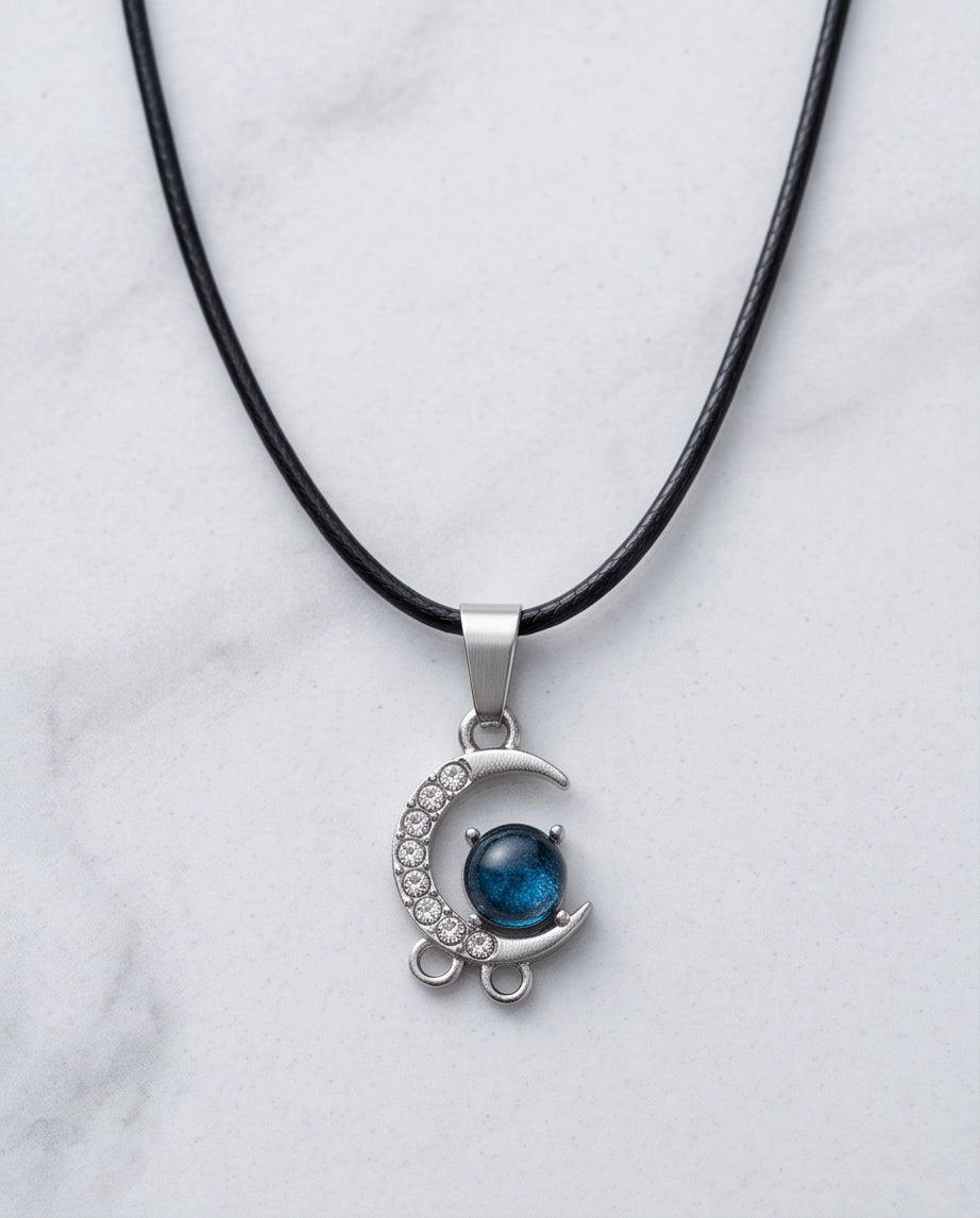 Silver Crystal Crescent Moon & Cosmic Blue Stone Pendant Necklace