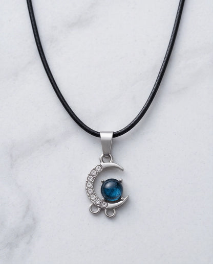Silver Crystal Crescent Moon & Cosmic Blue Stone Pendant Necklace
