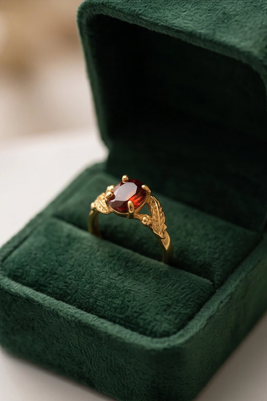 Golden Amber Garnet Botanical Leaf Ring