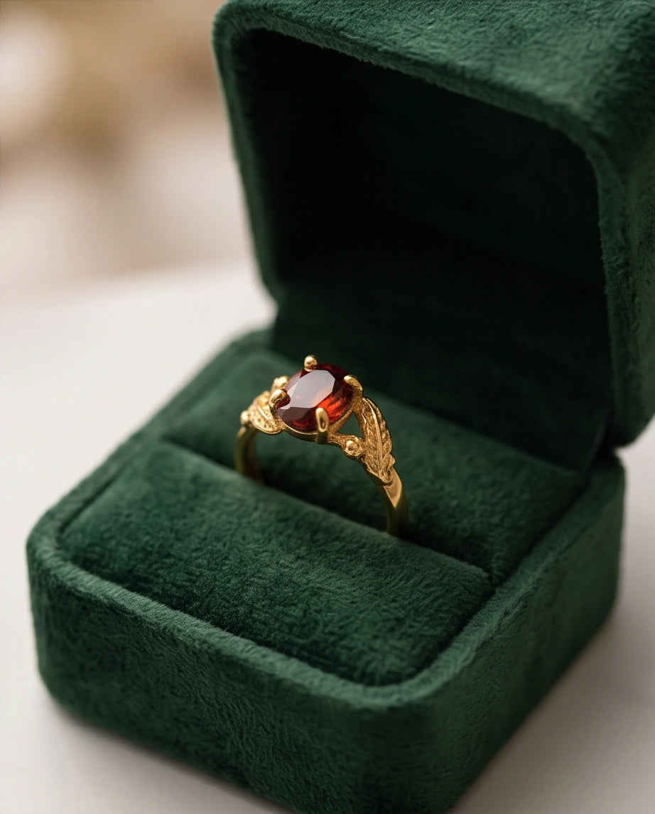 Golden Amber Garnet Botanical Leaf Ring
