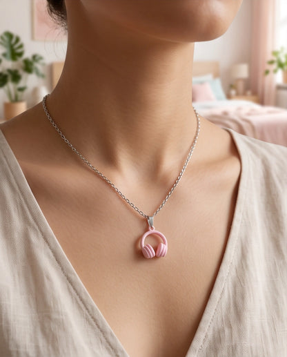 Pastel Pink Headphones Enamel Pendant Necklace